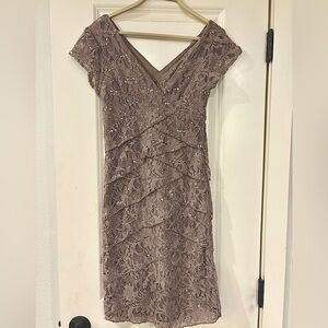 By Scarlett - Lace V-Neck Midi Dress in Beige/Champagne, Size 4